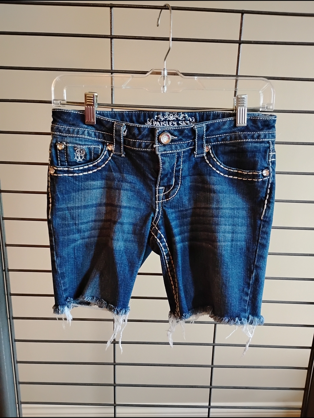 Paisley Sky Light Indigo Denim Shorts Bedazzled Buttons